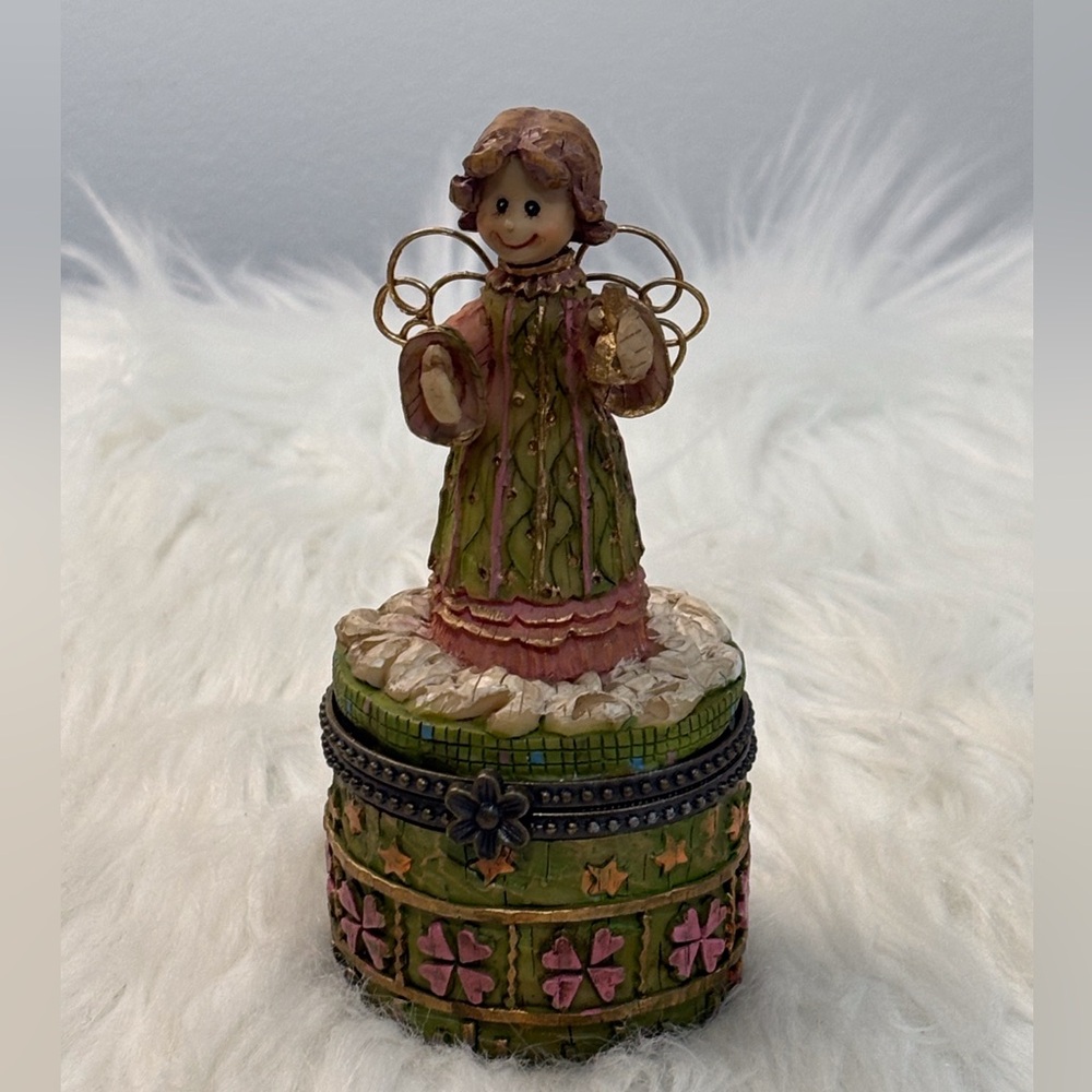 Source Unknown Green and Pink Angel Jewelry Box Trinket Holder